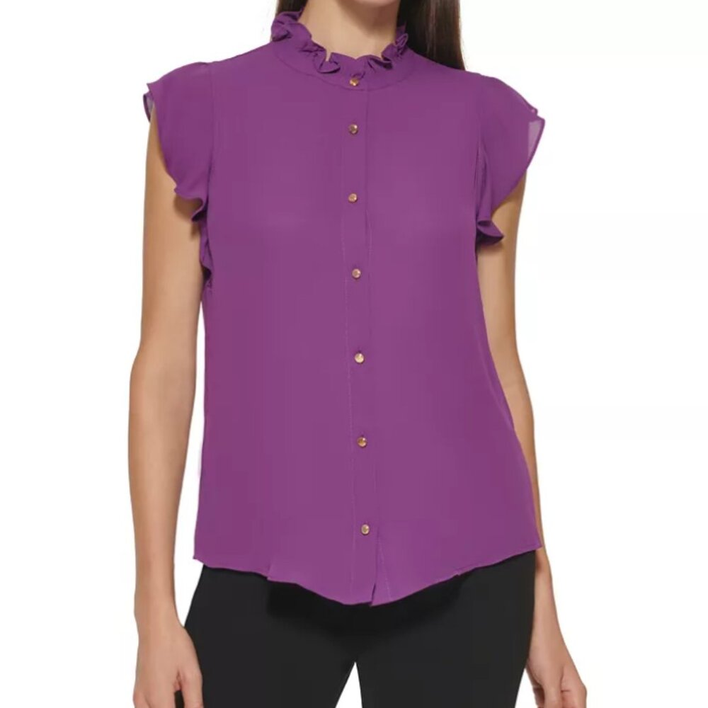 (SOFT BLACK/CHARCOAL!) NWT Calvin Klein Ruffle Cap Sleeve Mock Neck Button Down